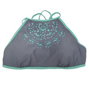 O'Rageous‎ Women's Gray Mint Lazer Cut High Neck Tie Back Swim Bikini Top Sz L